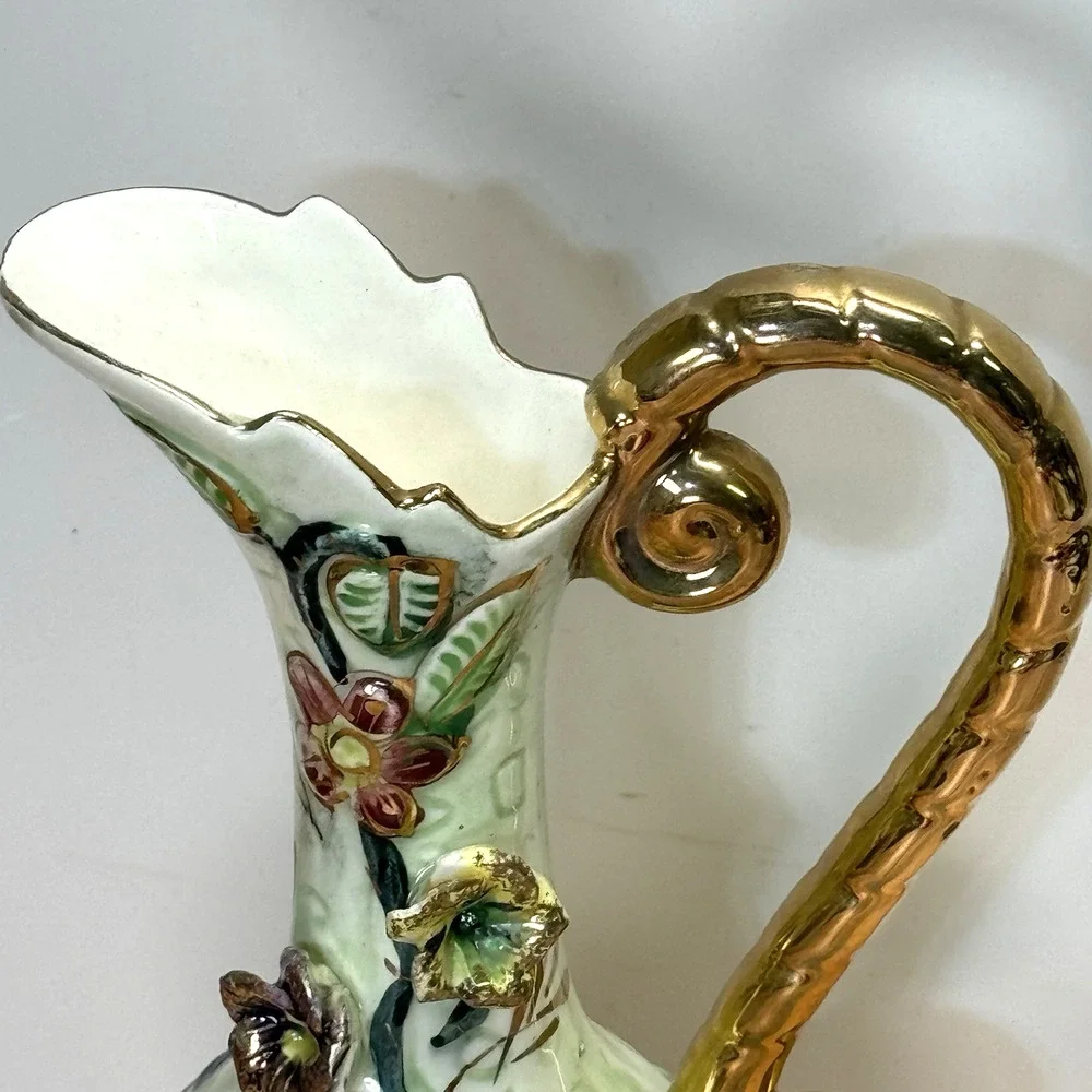 Vtg West Pac Japan‎ Porcelain Hand Painted Gold Trim Floral Relief Vase Pitcher